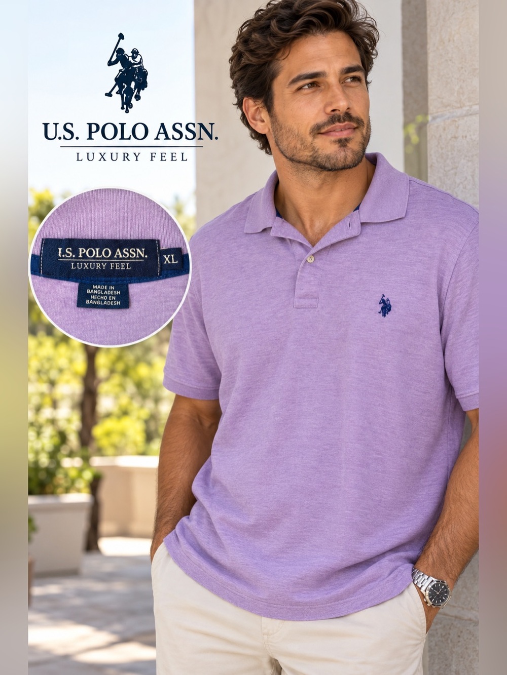 U.S. Polo Assn. Men's Lavender Short-Sleeve Polo with Navy Logo